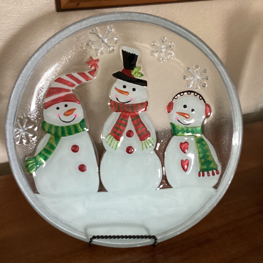 Ganz Fused Glass Round Snowmen Holiday Serving Platter Red Green White Silver - Picture 5 of 7
